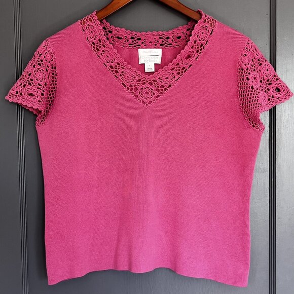 Vintage Christopher & Banks Hand Crochet Pink Short Sleeve Top Women's Large L - Picture 1 of 12